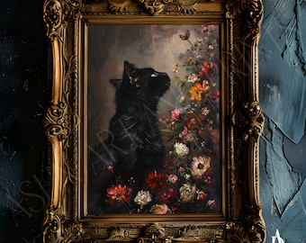 MOODY black cat  | vintage European art, dark moody prints, vintage gallery wall, moody vintage art, dark cottage core art, animal prints
