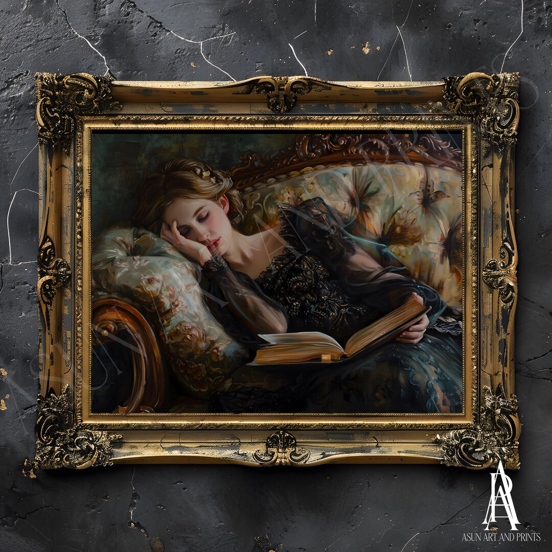 MOODY OIL PAINTING | Vintage Woman Portrait Wall Art | Woman Reading ...