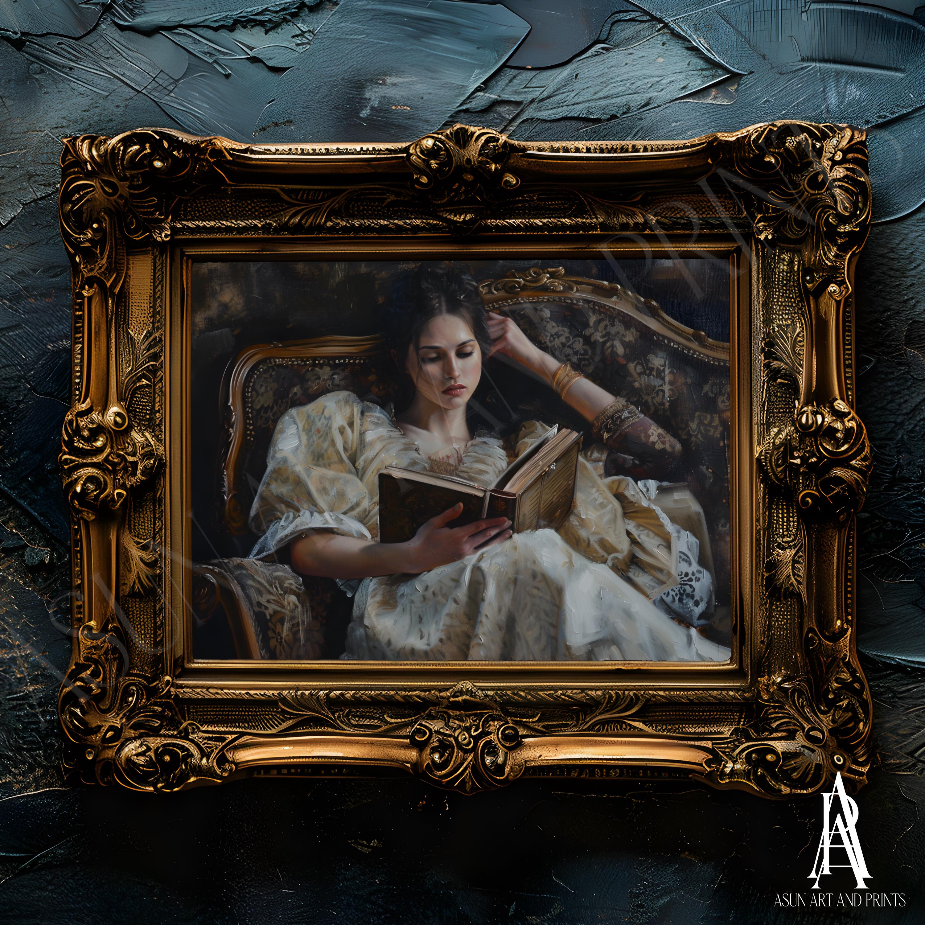 MOODY OIL PAINTING | Vintage Woman Portrait Wall Art | Woman Reading ...