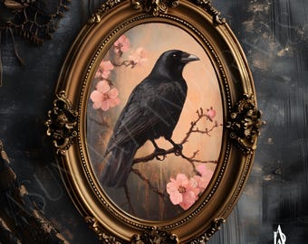 MOODY CROW PAINTING | vintage European art, dark moody prints, vintage gallery wall, moody vintage art, dark cottage core art, animal prints