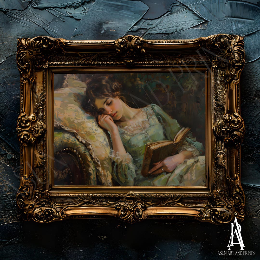 MOODY OIL PAINTING | Vintage Woman Portrait Wall Art | Woman Reading ...
