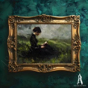 May include: An oil painting in a gold ornate frame depicts a person in a black dress reading a book in a grassy field. The artwork has a vintage aesthetic, with a dark, moody color palette and visible brushstrokes. The frame is detailed with intricate carvings.