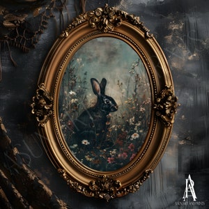 MOODY RABBIT PAINTING | vintage European art, dark moody prints, vintage gallery wall, moody vintage art, dark cottage core art