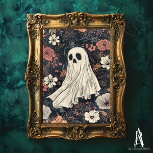Ghost Floral Print | Halloween Poster |Spooky Wall Art| Ghost Picture| Vintage Halloween Decor|Dark Art |Printable Poster| Ghost Artwork