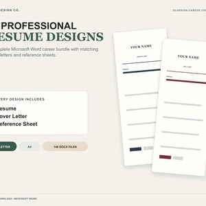 May include: A digital bundle of 20 professional resume designs by Hesy Design Co. featuring Microsoft Word templates with matching cover letters and reference sheets. Includes US Letter and A4 formats with 140 total DOCX files for career documentation.