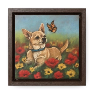 Framed Canvas Print - Chihuahua with Flowers and Butterfly