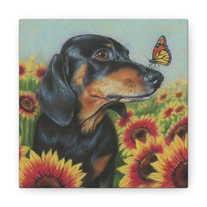 Canvas Print - Dachshund with Flowers and Butterfly