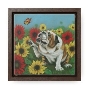 Framed Canvas Print - English Bulldog with Flowers and Butterfly