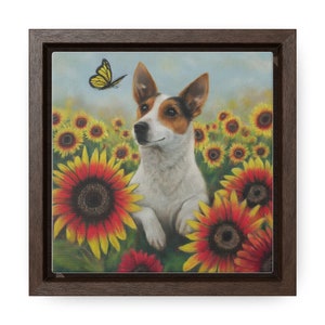Framed Canvas Print - Jack Russell Terrier with Flowers and Butterfly