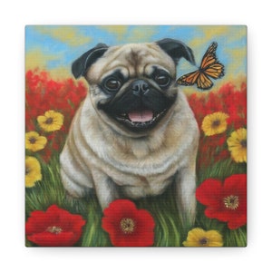 Canvas Print - Pug with Flowers and Butterfly