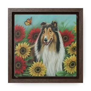 Framed Canvas Print - Collie with Flowers and Butterfly