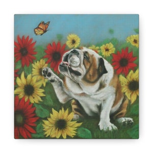 Canvas Print - English Bulldog with Flowers and Butterfly