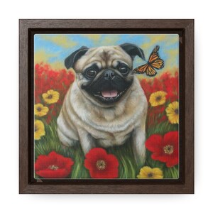 Framed Canvas Print - Pug with Flowers and Butterfly