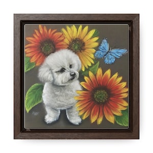 Framed Canvas Art Print - Bichon Frisé with Flowers and Butterfly