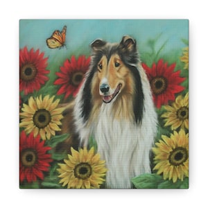 Canvas Print - Collie with Flowers and Butterfly