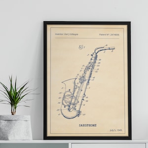 May include: A vintage blueprint style illustration of a saxophone with the text "SAXOPHONE" and "July 5, 1949" at the bottom. The patent number "2474836" and inventor "Earl Gillespie" are listed at the top.