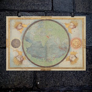 世界の航海地図帳、ポルトガル半球の円形世界地図。,, アンティーク地図作成、, レトロな壁装飾、教育アート
