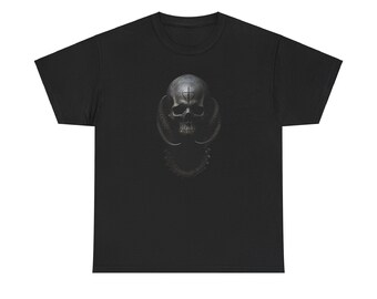 Biker t-shirt, Heavy metal t-shirt, Alien skull art. Gothic style t-shirt. Monster lover. Gift for him.  Unisex Heavy Cotton Tee