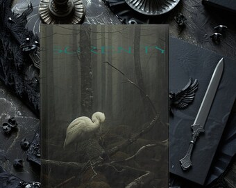 Sketchbook, art book. With cover art of a white bird in a dark, misty forest. Journal - Blank