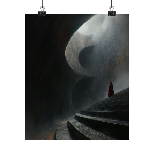 Matte Vertical Posters- In a dark dystopian world, a person is walking up a gloomy staircase. In the style of brutalist architecture