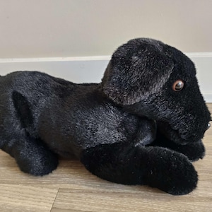 Puede incluir: Perro de peluche negro con ojos marrones. El perro está acostado de lado con la cabeza girada hacia la derecha.
