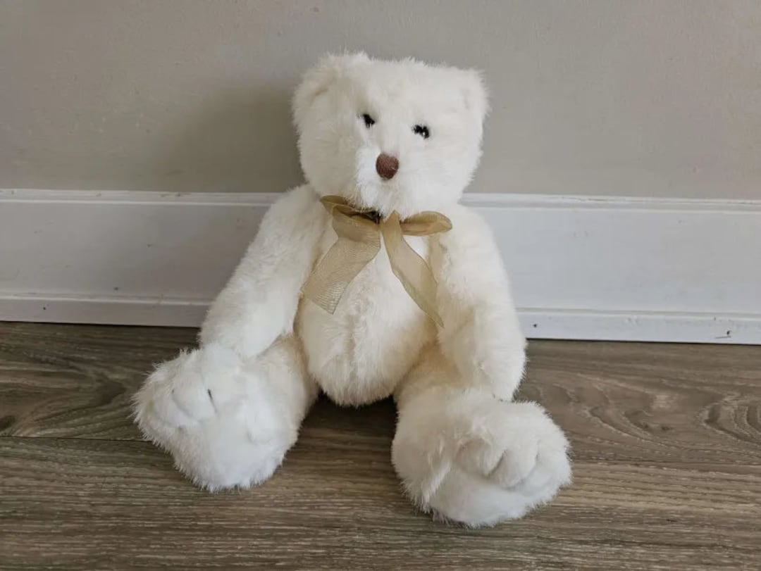 Ty 2002 White Teddy Bear With Golden Ribbon Stuffed Animal Plush