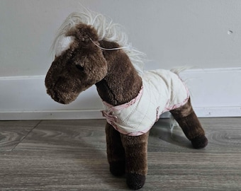 Joli poney Douglas vintage chemise blanche et rose en peluche peluche 30 cm