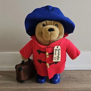 RARE VINTAGE Paddington Bear Plush with Rubber boots and Leather Suitcase Stuffed Animal Plush Toy 15&quot;