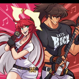 May include: A woman with long red hair sings into a microphone while a man with long brown hair plays an electric guitar. The woman is wearing a white shirt with the words "Let's Rock" on it. The man is wearing a black shirt with the words "Let's Rock" on it.