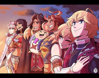 May include: A digital illustration of a group of anime-style characters, smiling and looking forward. The characters are diverse, with varying skin tones, hair colors, and outfits. The background shows a sunset with orange, pink, and blue hues.