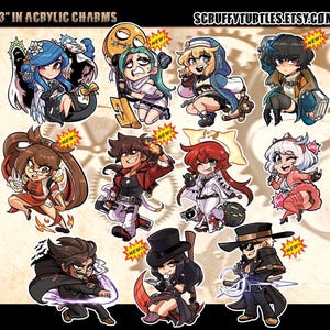May include: A collection of eleven chibi-style acrylic charms featuring diverse anime-inspired characters in dynamic poses. The text 3" IN ACRYLIC CHARMS and SCRUFFYTURTLES.ETSY.COM is visible at the top. Several characters have small NEW! starburst icons.