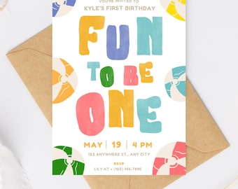 Rainbow Beach Ball 1st Birthday Invitation Boy (Digital Download, 5x7 Printable Invite Template)
