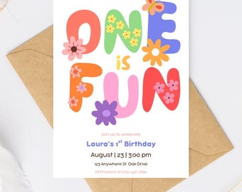 Rainbow Bubble First Birthday Invitation: Fun to be One (Instant Download)