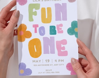 Rainbow First Birthday Invitation, Fun to Be One (Digital Download) Bundle