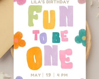 Rainbow First Birthday Invitation, Fun to Be One (Digital Download)
