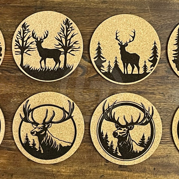 Custom Cork Coasters, Set of 4 Cork Coasters, Engraved Coasters, Deer Themed Coasters, Round Cork Coasters