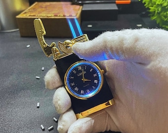 Elegant Gold Watch Lighter, Stylish and Functional, Sleek Design Blue Flame, Halloween, Christmas