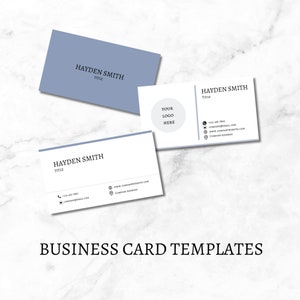May include: Three business card templates with a light blue and white color scheme. The cards feature the name "Hayden Smith", the title "Title", and contact information. The text "YOUR LOGO HERE" is included on one of the cards.