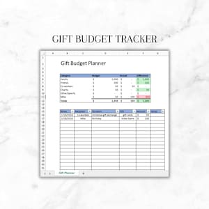 May include: A spreadsheet with a green and blue header that reads "Gift Budget Tracker". The spreadsheet is divided into columns with headings such as "Category", "Budget", "Actual", and "Difference". The spreadsheet also includes a section for tracking gift purchases with columns for "When", "Recipient", "Occasion", "Gift", "Amount", and "Notes".