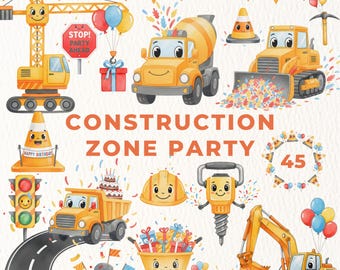 Watercolor Construction Party Clipart Bundle, Watercolor Trucks & Cones PNG, Party Invite Graphics, Instant Download, Commercial Use