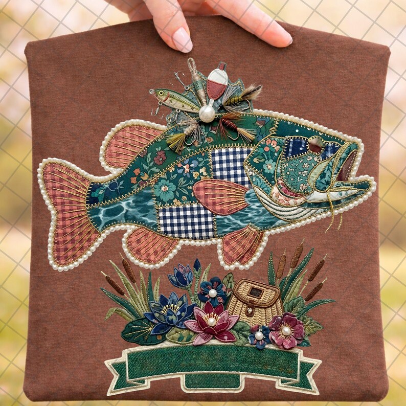 Patchwork Fish Design Patchwork Bass Fish Clipart PNG, Faux Embroidery Style Fishing Design ...