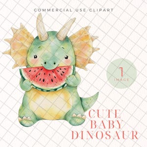 Watercolor Dinosaur Eating Watermelon PNG, Cute Dino Clipart, Kids Sublimation Design, Nursery Wall Art Printable