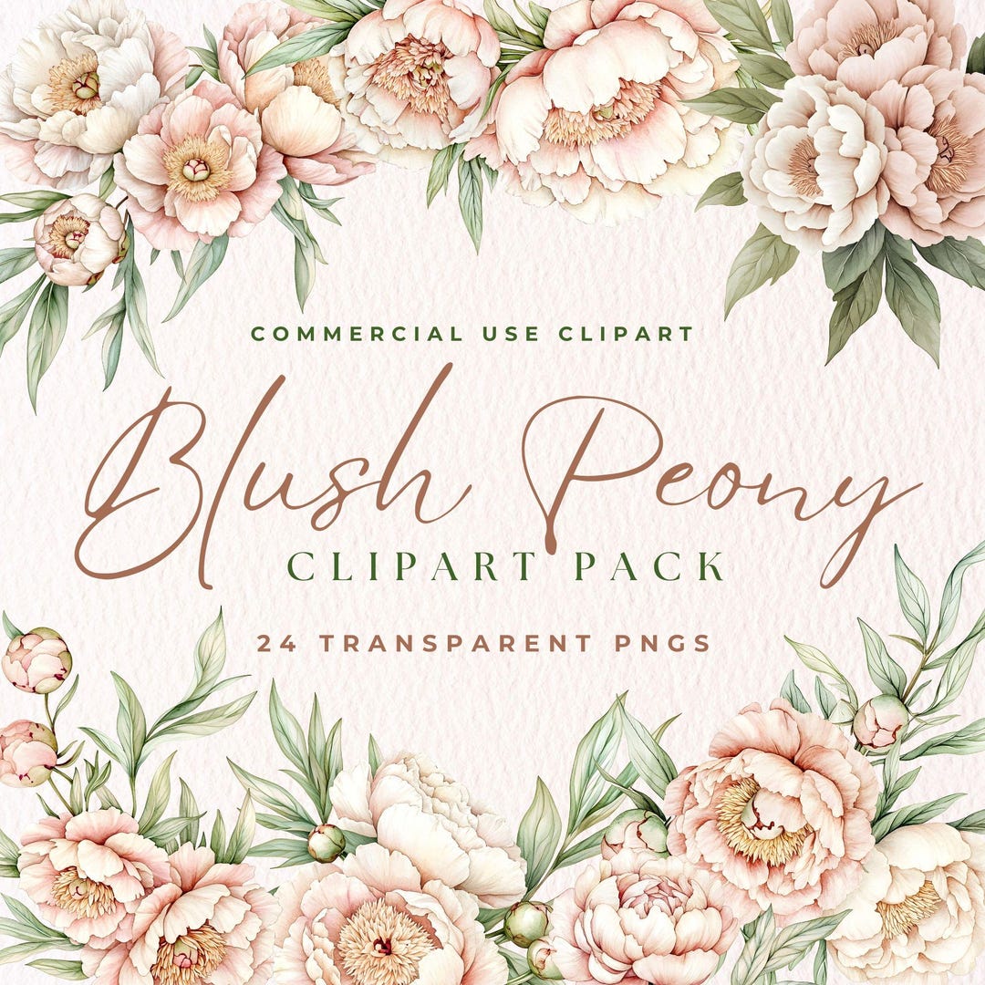 Watercolor Blush Peony Clipart Pack, Floral Printable Art, Peony Flower ...