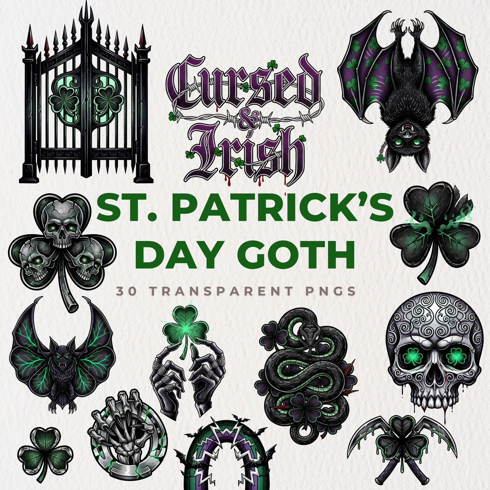 Gothic St. Patrick's Day Clipart, Shamrock Skulls, Dark Clover PNG ...