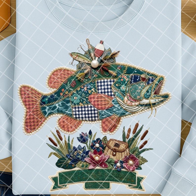 Patchwork Fish Patchwork Bass Fish Clipart PNG, Faux Embroidery Style Fishing Design ...