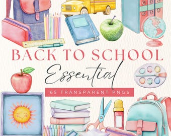 Clipart escolar de acuarela, PNG de regreso a clases, clipart de maestro, útiles escolares, ilustraciones de libros, descarga digital
