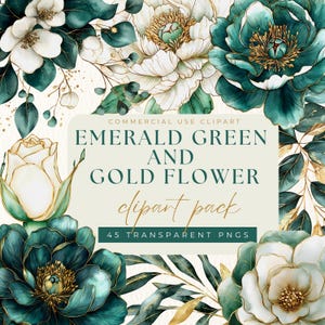 Emerald Green and Gold Flower Clipart, Watercolor Floral Designs, PNG Graphics for Wedding Crafts, Digital Download, Commercial Use