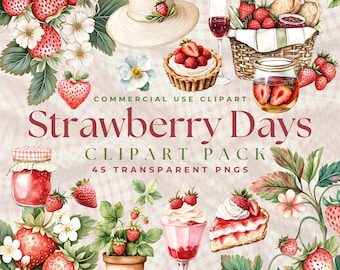 Cute Strawberry Clipart Pack, Watercolor Fruit PNGs, Strawberry Birthday Party Art, Strawberry Birthday Invitation PNG, Commercial Use
