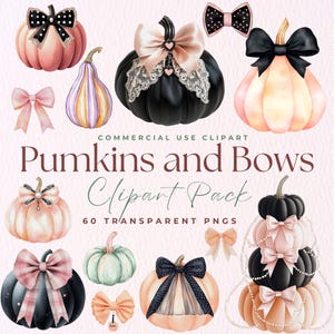 Coquette Pumpkin Clipart Bundle, Watercolor Fall PNG, Pink Pumpkin Digital Download, Cute Pumpkin With Bow, Autumn Sublimation Design