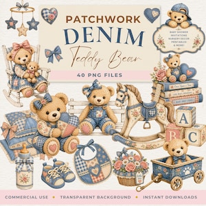 May include: A digital collage featuring patchwork denim teddy bears and baby-themed illustrations. The image includes a rocking horse, blocks, a baby bottle, shoes, and a wagon. Text includes "Patchwork Denim Teddy Bear" and "Baby Shower Invitations & More!"